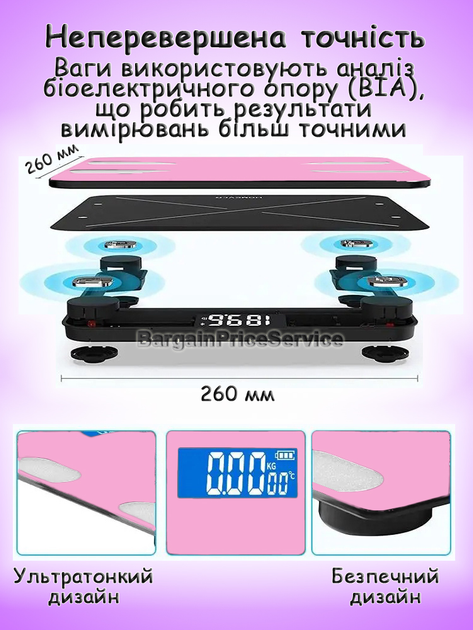 Електронні підлогові смарт-ваги смарт-ваги Bluetooth Smart Scale Fit OKOK діагностичні smart-ваги до 180 кг Загартоване скло Підсвічування Рожеві - изображение 8