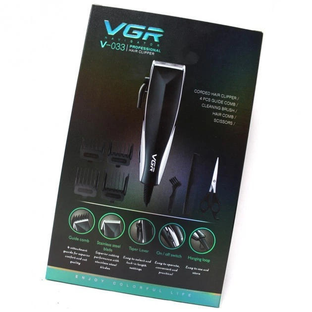 Професійна машинка для стрижки волосся від мережі 9 Вт VGR V-033 Pro Чорна + Ножиці та гребінець - Фото 9 Професійна машинка для стрижки волосся від мережі 9 Вт VGR V-033 Pro Чорна + Ножиці та гребінець - изображение 9