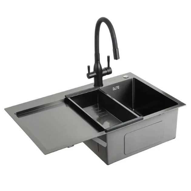 Кухонна мийка GAPPO чорна інтегрована з правою чашою поверхня PVD (GS7850-6R) - зображення 2