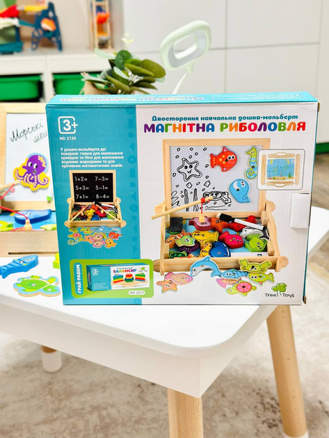Дитяча двостороння дошка з набором магнітів LimoToy MD 2139 риболовля, крейда, фломастер, губка - зображення 4