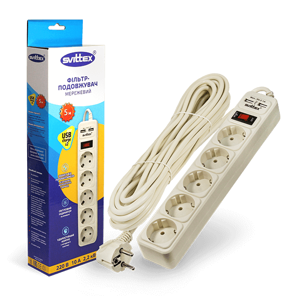Сітковий фільтр підовжувач Svittex SV-025 5гнізд 5 м 2хUSB 5V 2.1A - Фото 1 Сітковий фільтр підовжувач Svittex SV-025 5гнізд 5 м 2хUSB 5V 2.1A - зображення 1