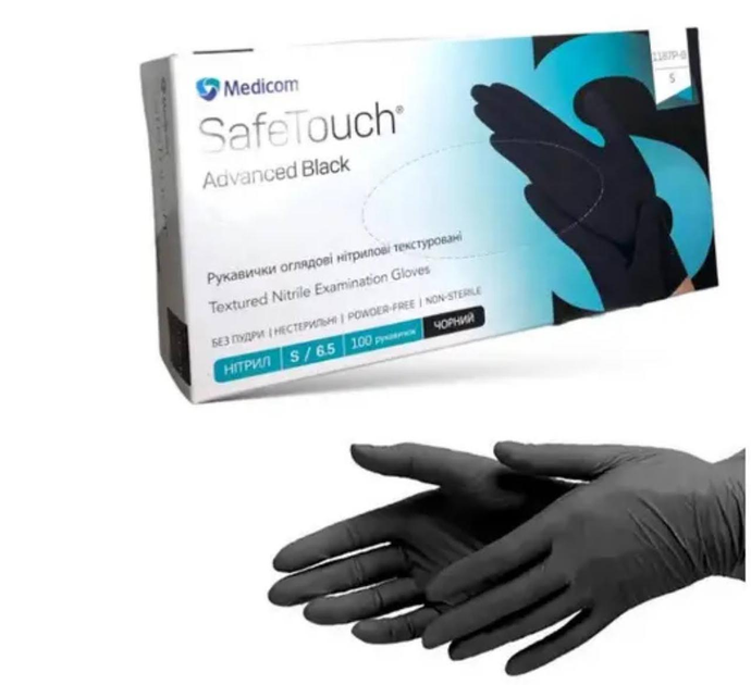 Перчатки нитриловые текстурированные Medicom SafeTouch Advanced Black (черные) S-size, 100шт./уп. - 1187P-B - изображение 1