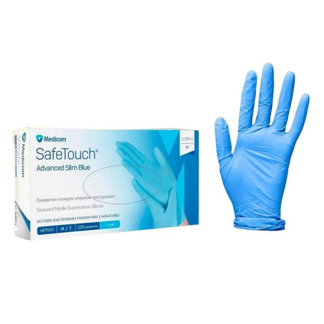 Рукавички оглядові нітрилові текстуровані Medicom SafeTouch Advanced Slim Blue (без пудри, сині) М-size, 100шт./уп.- 1175Р-С - зображення 1