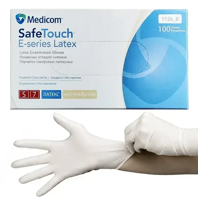 Латексные смотровые перчатки Medicom SafeTouch E-series Connect (белые) S-size, 100шт./уп. - 1126-B - изображение 1