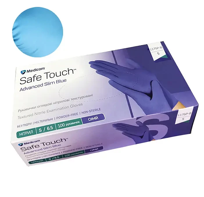 Рукавички оглядові нітрилові текстуровані Medicom SafeTouch Advanced Slim Blue (без пудри, сині) S-size, 100шт./уп.- 1175Р-В - зображення 1