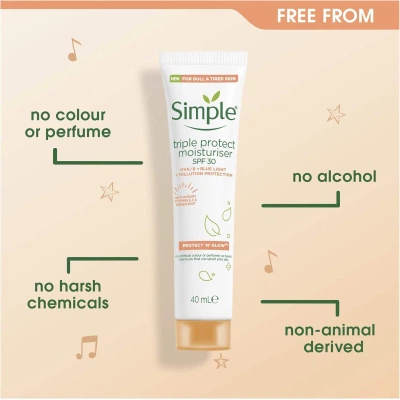 Крем для лица Simple Protect & Glow Тройной защиты с SPF 30 Увлажняющий 40 мл (8717163866900) - Фото 5 Крем для лица Simple Protect & Glow Тройной защиты с SPF 30 Увлажняющий 40 мл (8717163866900) - изображение 5