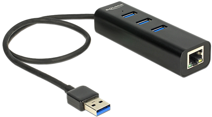 USB-хаб Delock USB 3.0 Hub 3 Port + 1 Port Gigabit LAN 10/100/1000 Mbps Black (4043619626533) - зображення 1