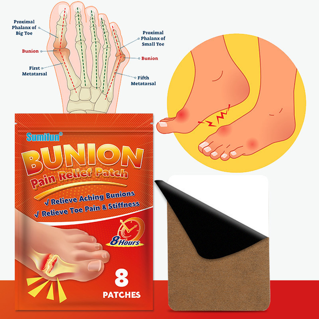 Пластир при вальгусній деформації та подагрі Sumifun Bunion Pain Relife Patch 8 штук - изображение 2