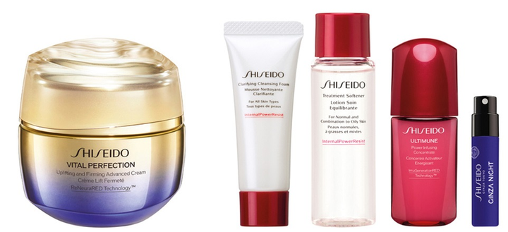 Набір для догляду за обличчям Shiseido Ginza Tokio Крем Vital Perfection ліфтингуючий 50 мл + Лосьйон 30 мл + Очищуюча пінка 15 мл + Сироватка 10 мл + Пробник Парфумована вода Ginza Night 0.6 мл (3423222122515) - зображення 4