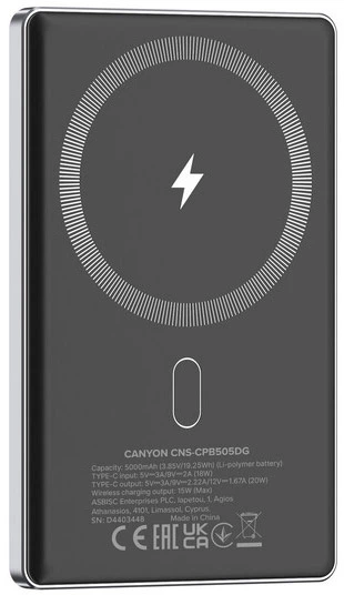 Powerbank Canyon OnPower 505 slim Magsafe 5000 mAh PD20W Dark Grey (CNS-CPB505DG) - obraz 2