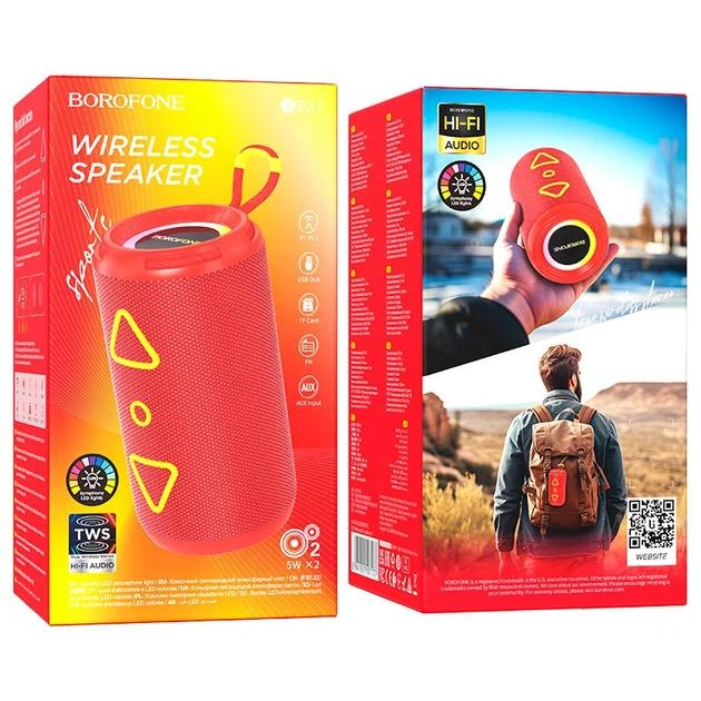 Акустика Borofone BR37 Noble sports BT speaker, BT5.3, USB, TF, FM, AUX, TWS, 5Wx2, 2h, red - изображение 3
