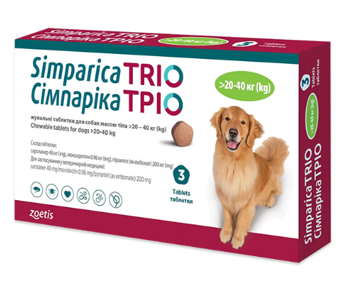Жувальні таблетки від бліх, кліщів, глистів Simparica Trio для собак 20-40кг, 1 таблетка - Фото 1 Жувальні таблетки від бліх, кліщів, глистів Simparica Trio для собак 20-40кг, 1 таблетка - зображення 1