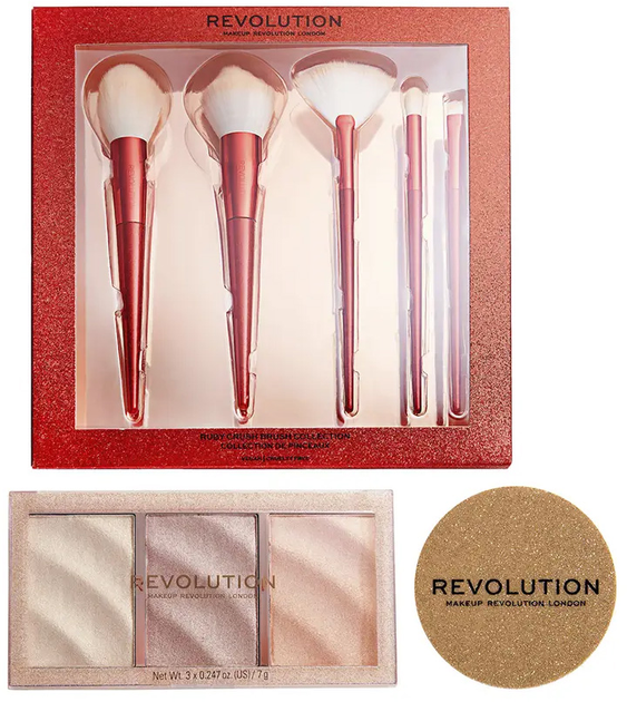 Zestaw Rozświetlaczy Revolution Make Up paleta 7 g + 5 x pędzle do makijażu + rozświetlacz 5 g (5056191958779) - obraz 1