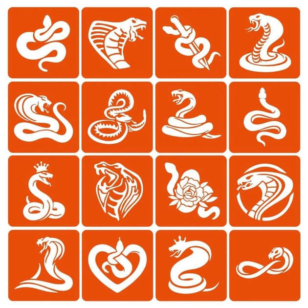 Набір трафаретів для біо-тату "Змії" Snakes-simple-16, 6х6 см 16 простих трафаретів - Фото 1 Набір трафаретів для біо-тату "Змії" Snakes-simple-16, 6х6 см 16 простих трафаретів - изображение 1