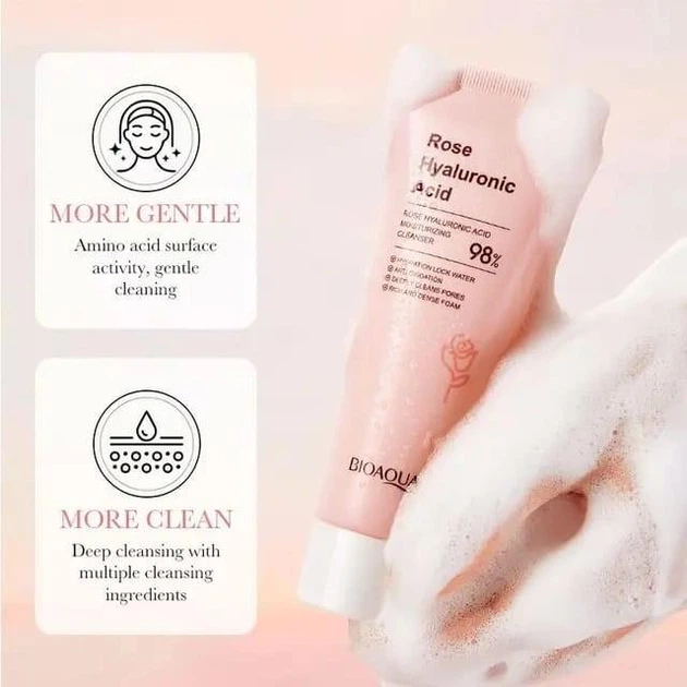 Пенка для умывания с экстрактом розы и гиалуроновой кислотой Bioaqua Rose Hyaluronic Acid Cleanser 100 г - изображение 4