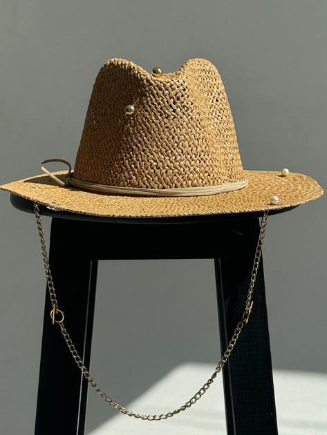 Капелюх Федора жіночий D.Hats з рафія з ланцюгом золото з кільцями коричневий - Фото 1 Капелюх Федора жіночий D.Hats з рафія з ланцюгом золото з кільцями коричневий - зображення 1