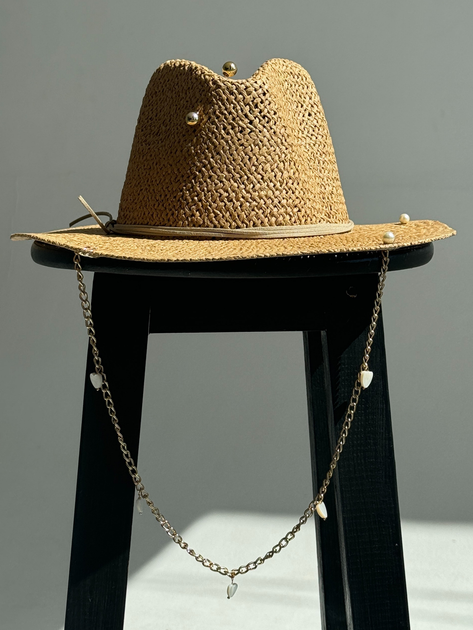 Шляпа Федора женская D.Hats из рафия с цепью золото с сердцами коричневая - Фото 1 Шляпа Федора женская D.Hats из рафия с цепью золото с сердцами коричневая - изображение 1