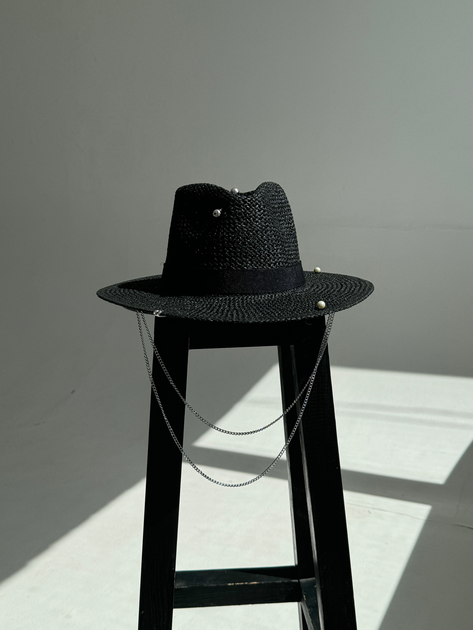 Шляпа Федора женская D.Hats из рафия с двойной цепью серебро черная - изображение 4