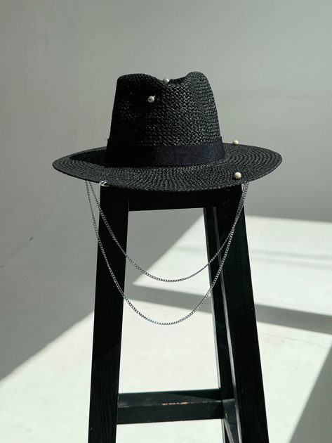 Шляпа Федора женская D.Hats из рафия с двойной цепью серебро черная - изображение 5