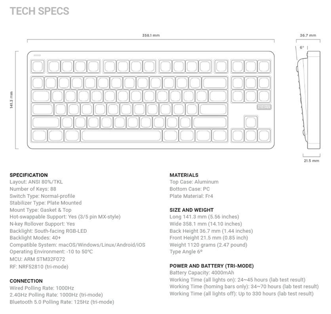 Бездротова механічна клавіатура NuPhy Gem80 / Silent Red Clear-Top (linear, 45 gf) / Color - Obsidian Black / Hot-Swappable, RGB, ANSI US - зображення 9