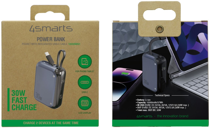 УМБ 4smarts Pocket with integrated USB-C Cable 10000 mAh 30W Steel Blue (4252011907403) - зображення 5