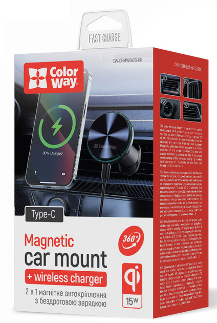 Бездротовий автомобільний зарядний пристрій ColorWay MagSafe 360° Air Vent 15W Black (CW-CHMW042Q-BK) - зображення 6