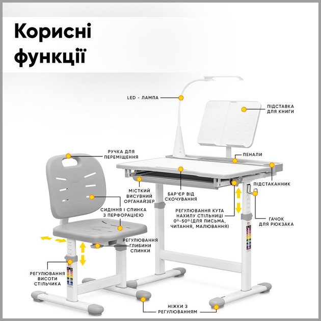 Комплект Evo-kids (стілець+стіл+полиця+лампа) Evo-17 G Ergo (арт. Evo-17 G Ergo) Сірий - изображение 3