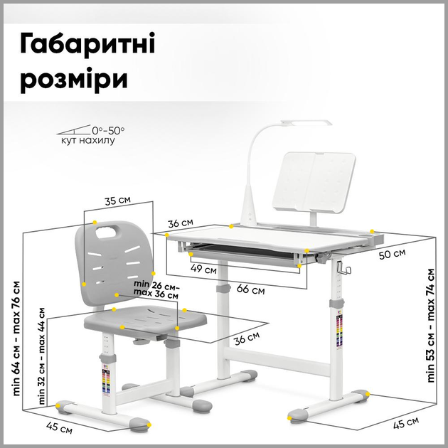 Комплект Evo-kids (стілець+стіл+полиця+лампа) Evo-17 G Ergo (арт. Evo-17 G Ergo) Сірий - изображение 4