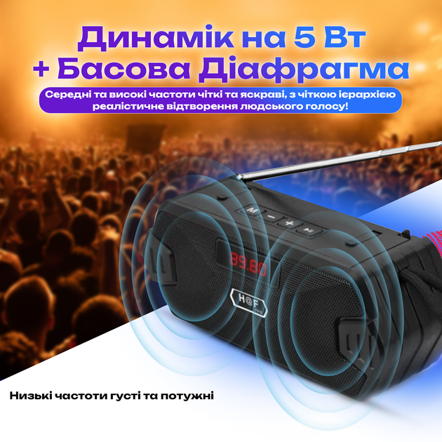 Радиоприемник / Bluetooth-колонка с аккумулятором LED дисплей HF216 ( FM, USB, MP3, MicroSD) Black - изображение 5