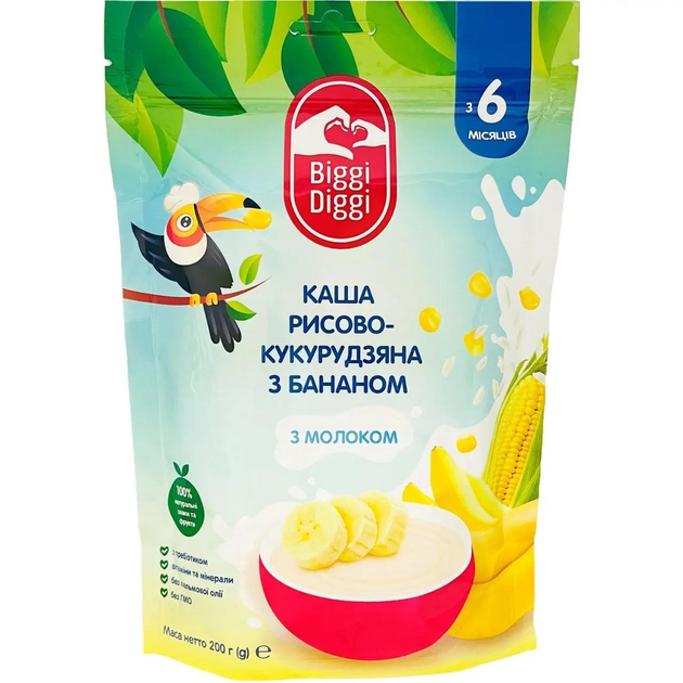 Молочна каша рисово-кукурудзяна з бананом для дітей з 6 місяців Biggi Diggi 200 г - зображення 1