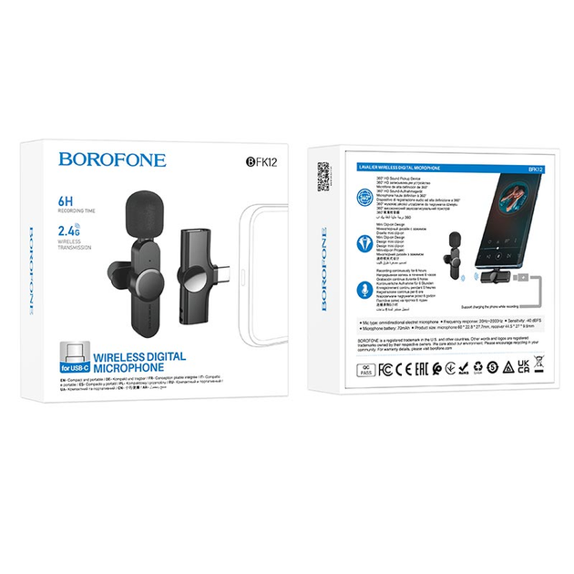 Бездротова мікрофонна система BOROFONE BFK12 Trophy lavalier (iPhone/Type-C) - Фото 6 Бездротова мікрофонна система BOROFONE BFK12 Trophy lavalier (iPhone/Type-C) - зображення 6