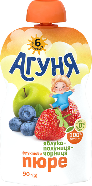 Упаковка фруктово-ягодного пюре Агуня Яблоко-Клубника-Черника 90 г х 10 шт (4823063128100) 