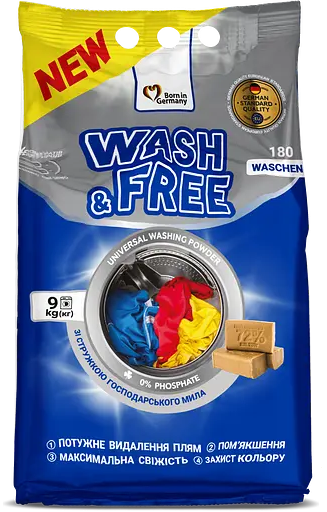 Порошок для прання універсальний "Wash&Free" (зі стружкою господарського мила) 9 кг - Фото 1 Порошок для прання універсальний "Wash&Free" (зі стружкою господарського мила) 9 кг - зображення 1
