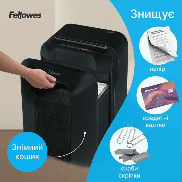 Шредер Fellowes LX201 10 листов 2x12 мм 22 л Black (f.U5050001) - Фото 2 Шредер Fellowes LX201 10 листов 2x12 мм 22 л Black (f.U5050001) - изображение 2