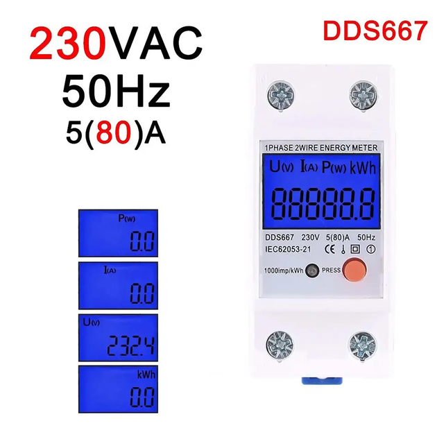 Счетчик однофазный ваттметр переменного тока на DIN-рейку DDS667 230V 5(80)A 50W, White - Фото 6 Счетчик однофазный ваттметр переменного тока на DIN-рейку DDS667 230V 5(80)A 50W, White - изображение 6