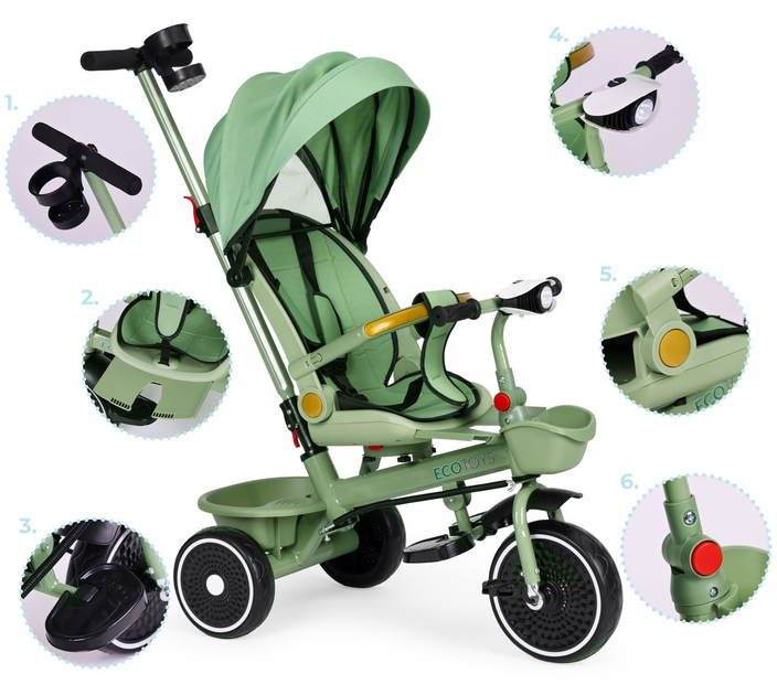 Rowerek trójkołowy spacerówka EcoToys 2 w 1 WQL-066-18 Zielony (5905817005918) - obraz 6