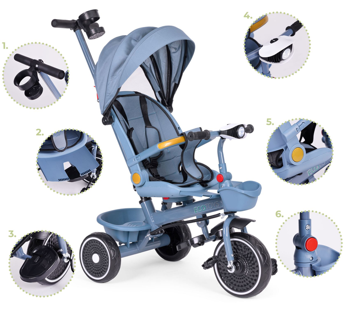 Rowerek trójkołowy spacerówka EcoToys 2 w 1 WQL-066-18 Niebieski (5905817005925) - obraz 6