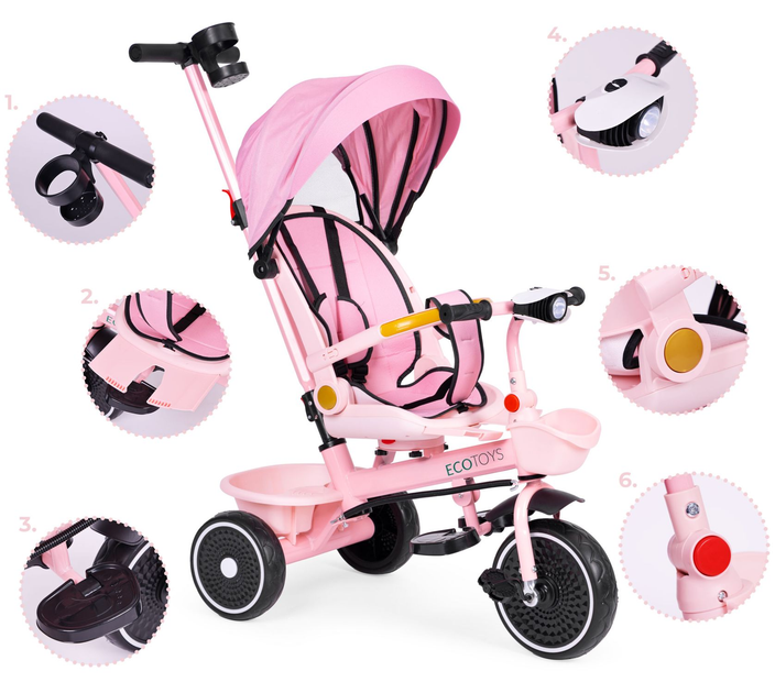 Rowerek trójkołowy spacerówka EcoToys 2 w 1 WQL-066-18 Różowy (5905817005932) - obraz 7