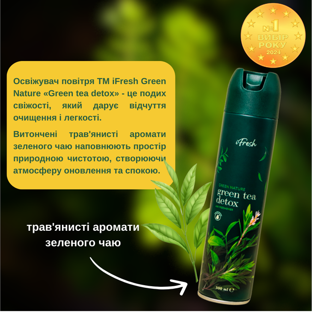 Упаковка освежителей воздуха iFresh Green Nature tea detox 300 мл х 2 шт (2000999990359) - Фото 3 Упаковка освежителей воздуха iFresh Green Nature tea detox 300 мл х 2 шт (2000999990359) - изображение 3