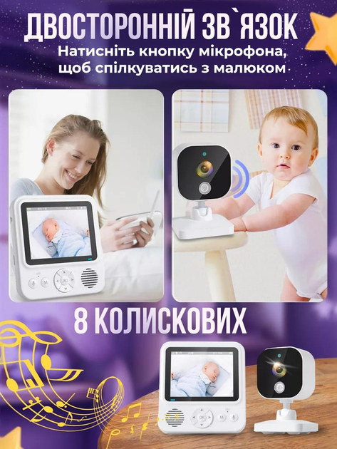 Відеоняня цифрова радіоняня регульована камера відеоспостереження двосторонній зв’язок нічне бачення моніторинг температури режим VOX - зображення 8