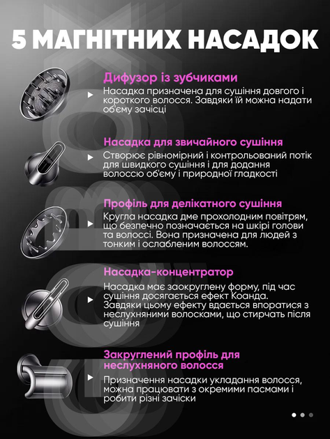 Профессиональный фен стайлер для волос Super Hair Dryer 1600 Вт + 5в1 насадок, розовый - изображение 3