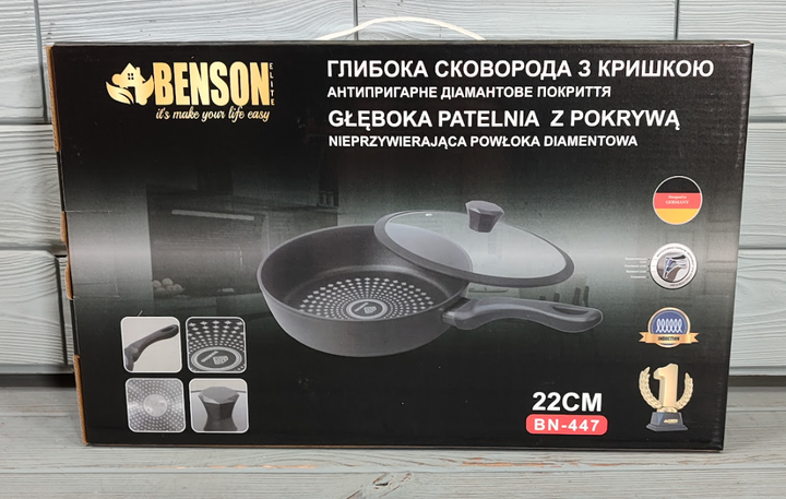 Cковорода глибока Benson з алмазним покриттям антипригарним 22см 1,8л (BN-447) - Фото 5 Cковорода глибока Benson з алмазним покриттям антипригарним 22см 1,8л (BN-447) - зображення 5