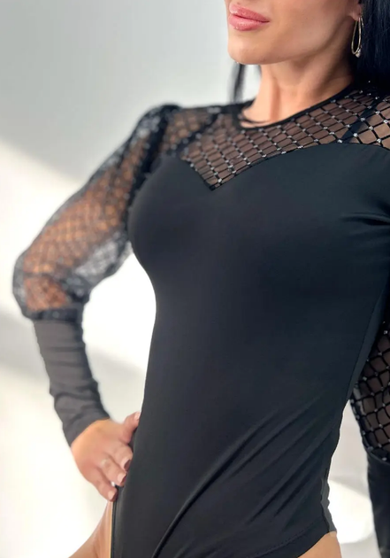 Жіноче боді ошатне з мікродайвінгу та сітки з пишними рукавами GF2402 колір чорний, розмір 42 - зображення 3