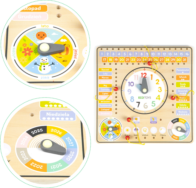 Drewniana tablica manipulacyjna EcoToys kalendarz zegar (5903089069768) - obraz 3