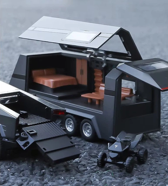 Масштабна модель автомобіля Tesla Cybertruck Pickup із трейлером та квадроциклом. Металева машинка. Чорний - зображення 4