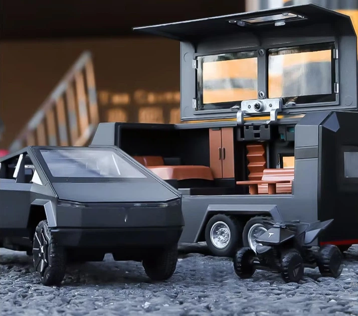 Масштабна модель автомобіля Tesla Cybertruck Pickup із трейлером та квадроциклом. Металева машинка. Чорний - зображення 6