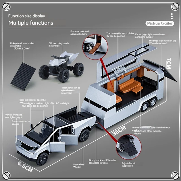 Масштабна модель автомобіля Tesla Cybertruck Pickup із трейлером та квадроциклом. Металева машинка. - зображення 5