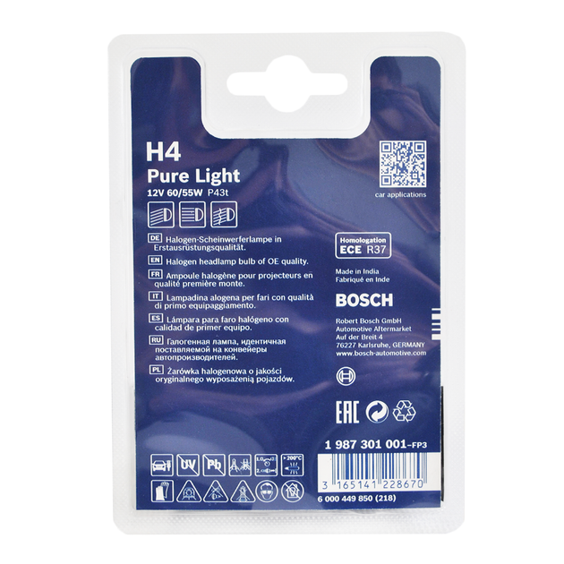 Лампа галогенна Bosch Pure Light H4 12V 60/55W P43t (блістер 1 шт.) 1987301001 - изображение 3