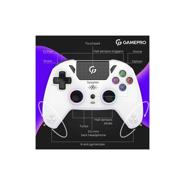Геймпад GamePro GPS13W BT 5.3/USB/PC/iOS/Android/PS3/PS4 RGB White (GPS13W) - изображение 4