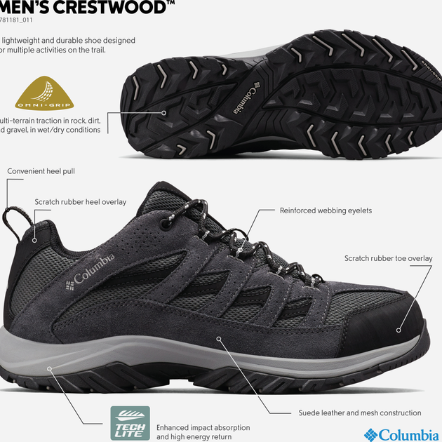 Чоловічі кросівки для треккінгу Columbia Crestwood 1781181011 42 (9US) Темно-сірі (192660452159) - зображення 9